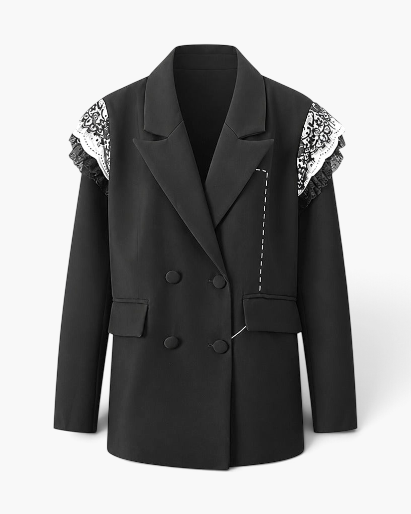 Beach Rose Co. black double-breasted blazer featuring notched lapels and intricate white lace trim on the shoulders.