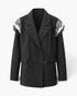 Beach Rose Co. black double-breasted blazer featuring notched lapels and intricate white lace trim on the shoulders.