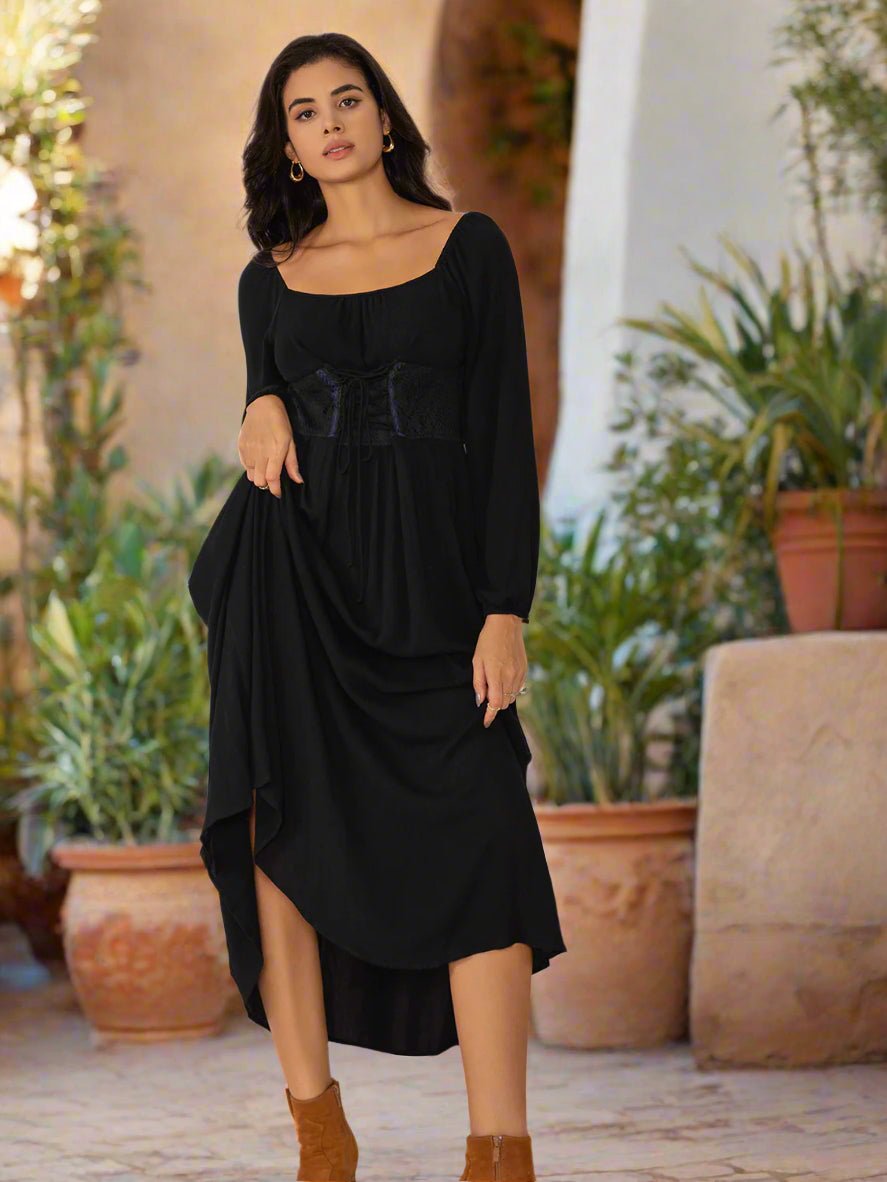 Beach Rose Co. - Black Lace - Up Square Neck Long Sleeve Midi Dress