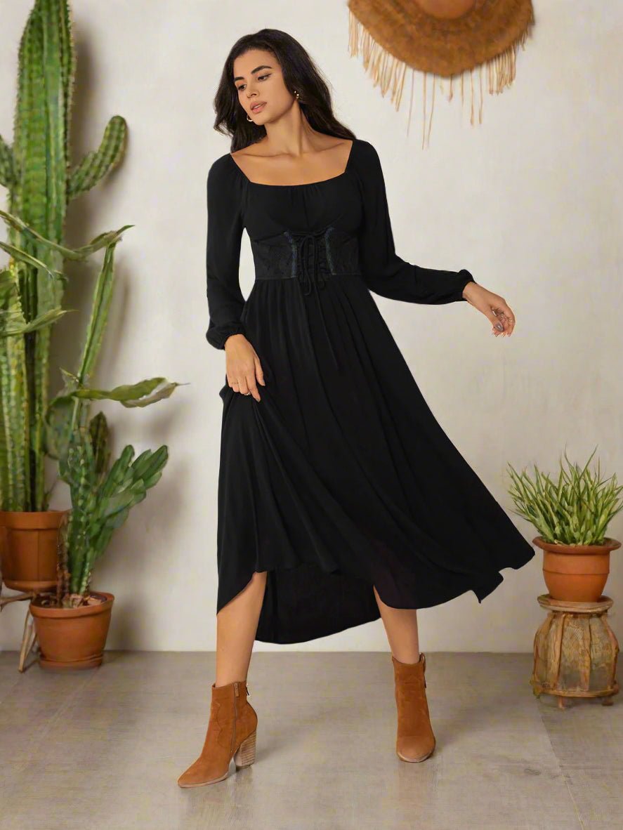 Beach Rose Co. - Black Lace - Up Square Neck Long Sleeve Midi Dress