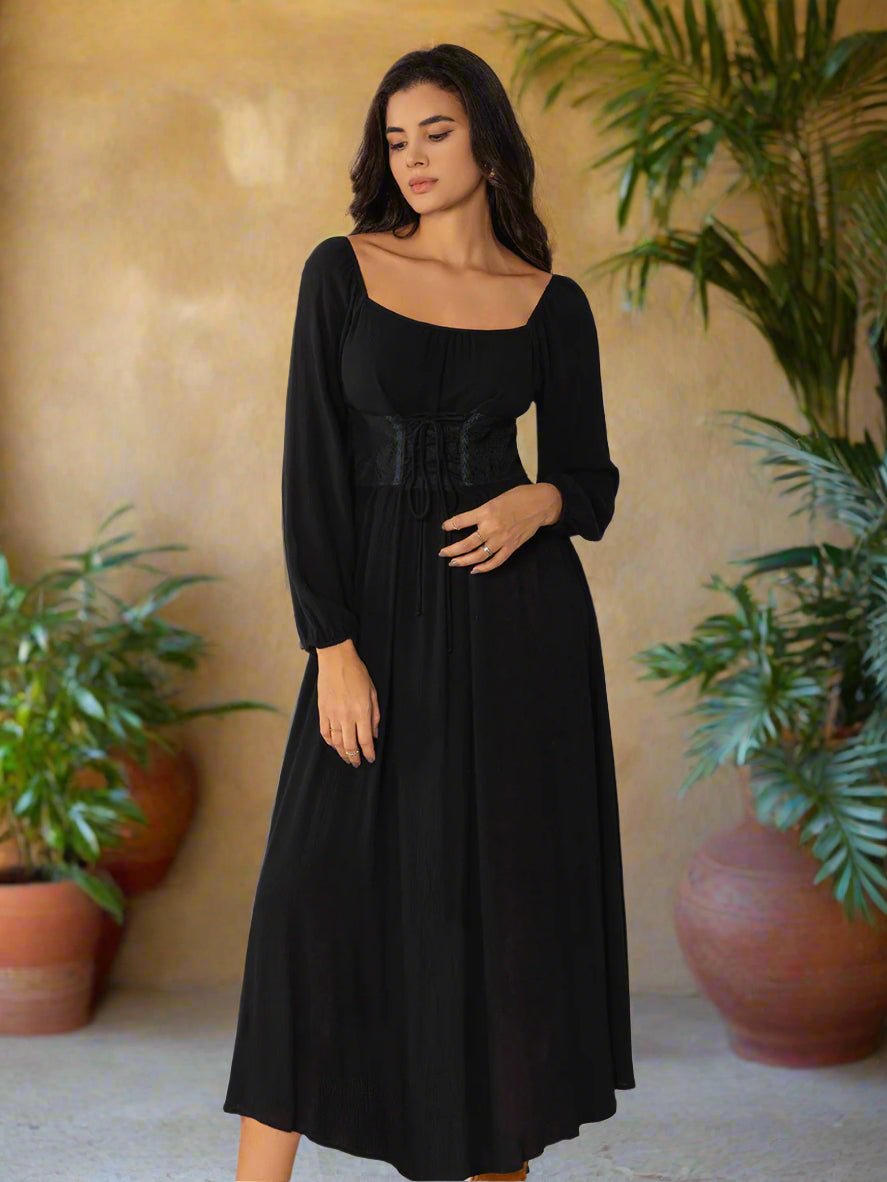 Beach Rose Co. - Black Lace - Up Square Neck Long Sleeve Midi Dress