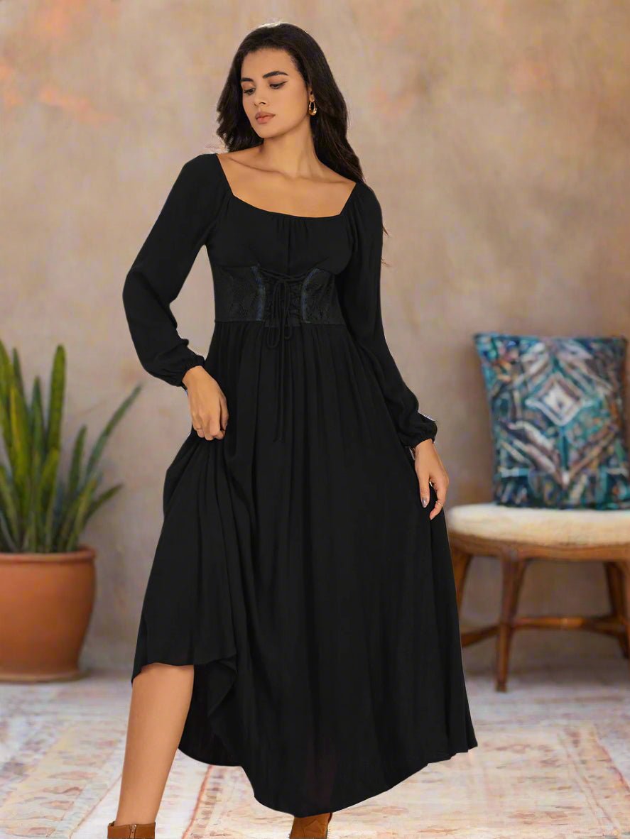 Beach Rose Co. - Black Lace - Up Square Neck Long Sleeve Midi Dress