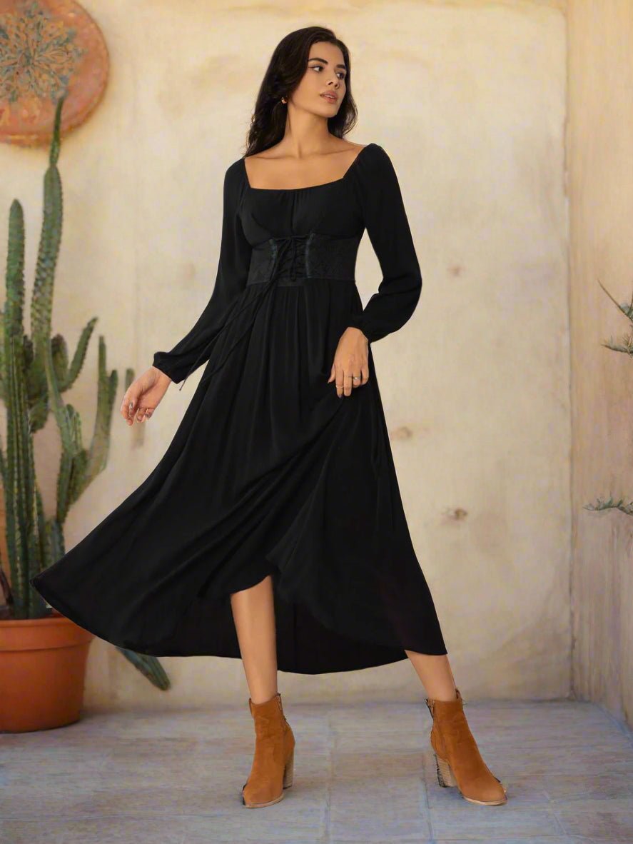 Beach Rose Co. - Black Lace - Up Square Neck Long Sleeve Midi Dress