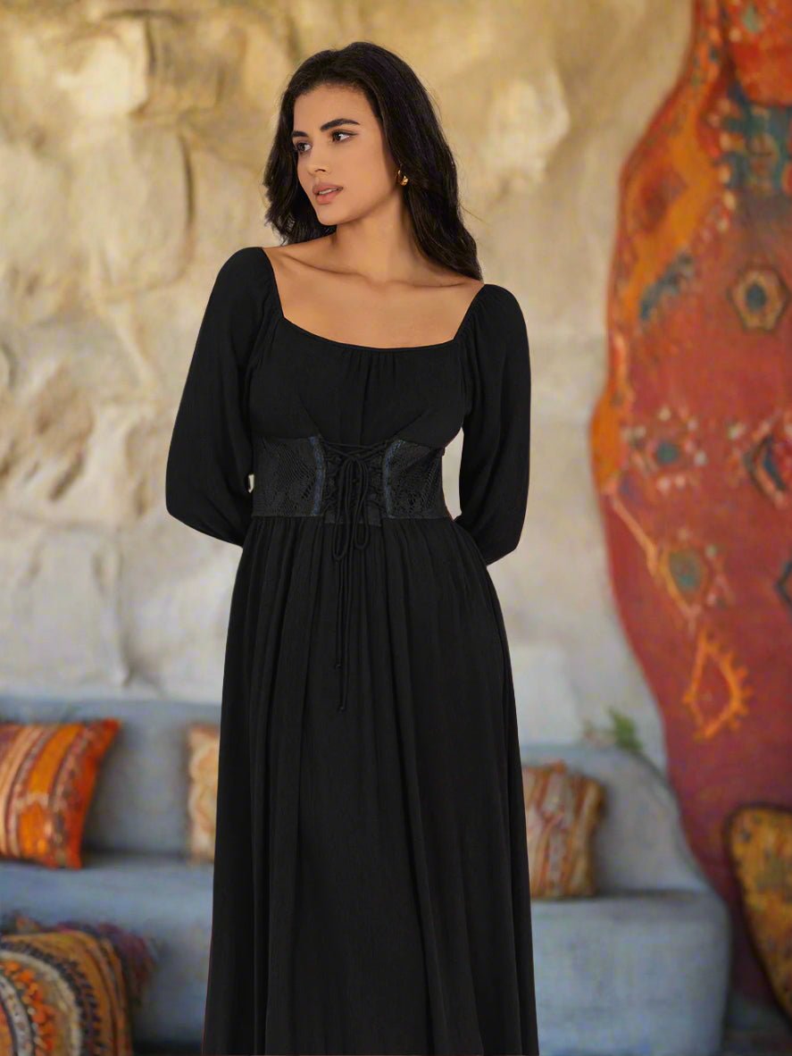 Beach Rose Co. - Black Lace - Up Square Neck Long Sleeve Midi Dress