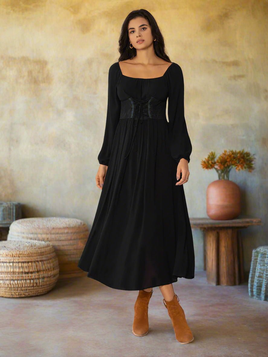 Beach Rose Co. - Black Lace - Up Square Neck Long Sleeve Midi Dress