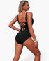 Beach Rose Co. black one-piece swimsuit with a lace-up back detail, ruched tummy control, and a flattering fit.