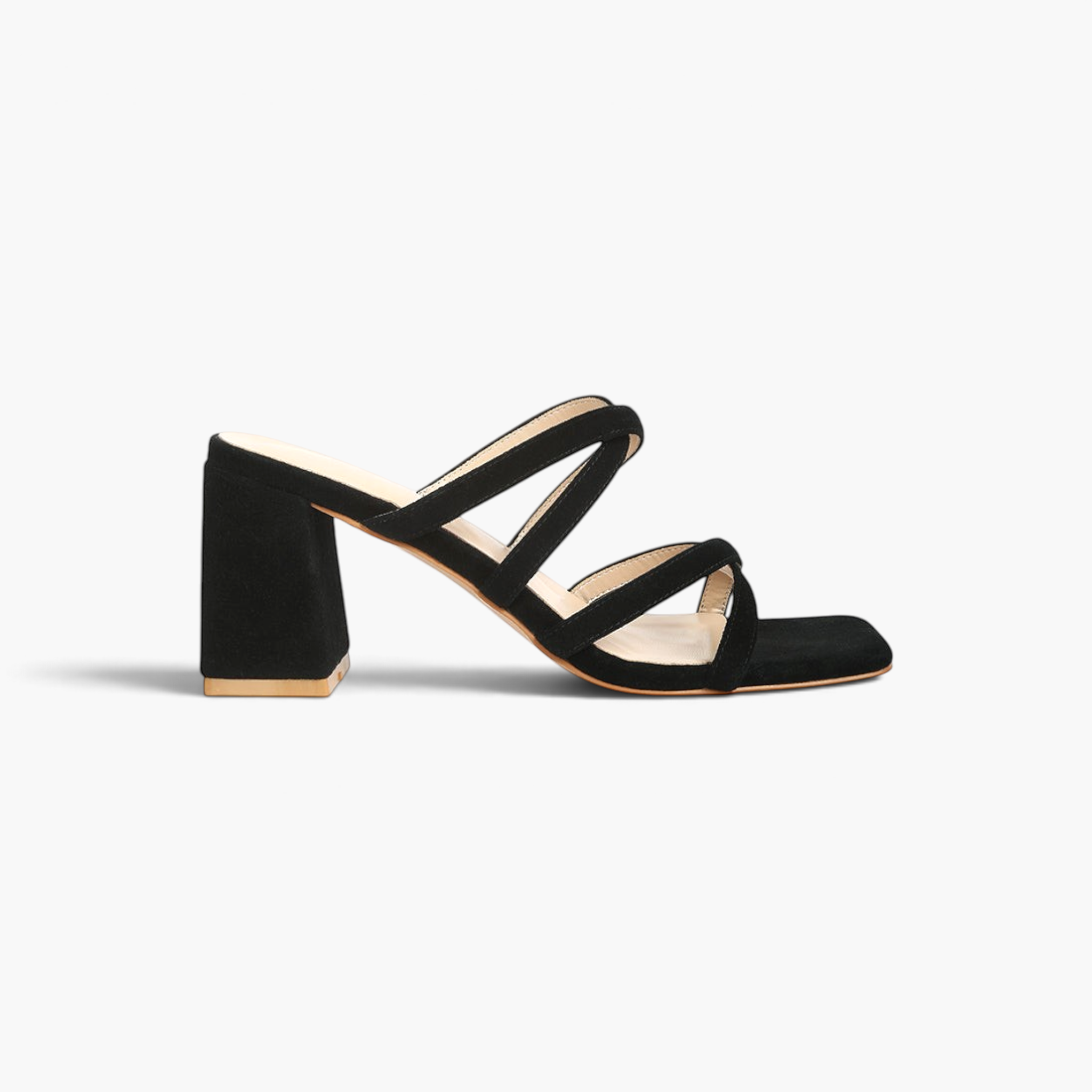 Beach Rose Co. black leather strappy sandals with a square toe and high block heel in a minimalist slip-on style.