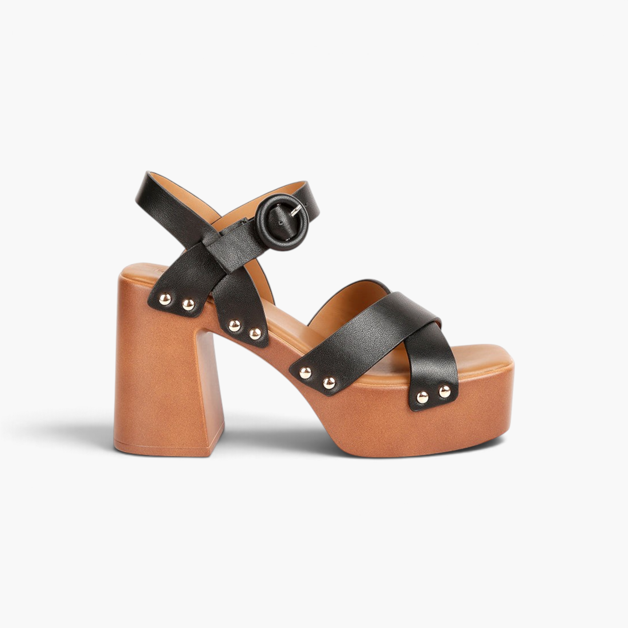 Beach Rose Co. black leather platform sandals with cross-strap design, silver stud accents, and block heel.
