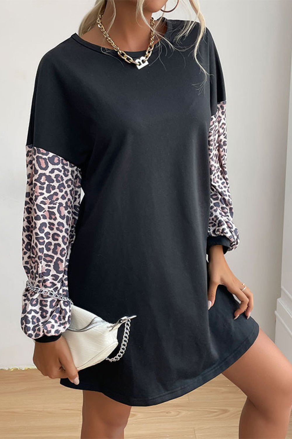 Beach Rose Co. - Black Leopard Print Mini Sweatshirt Dress