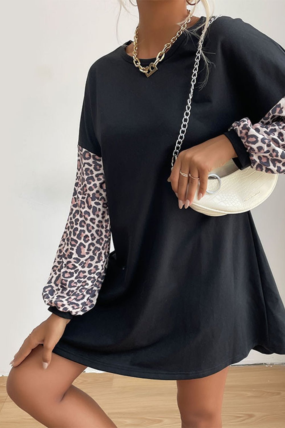 Beach Rose Co. - Black Leopard Print Mini Sweatshirt Dress