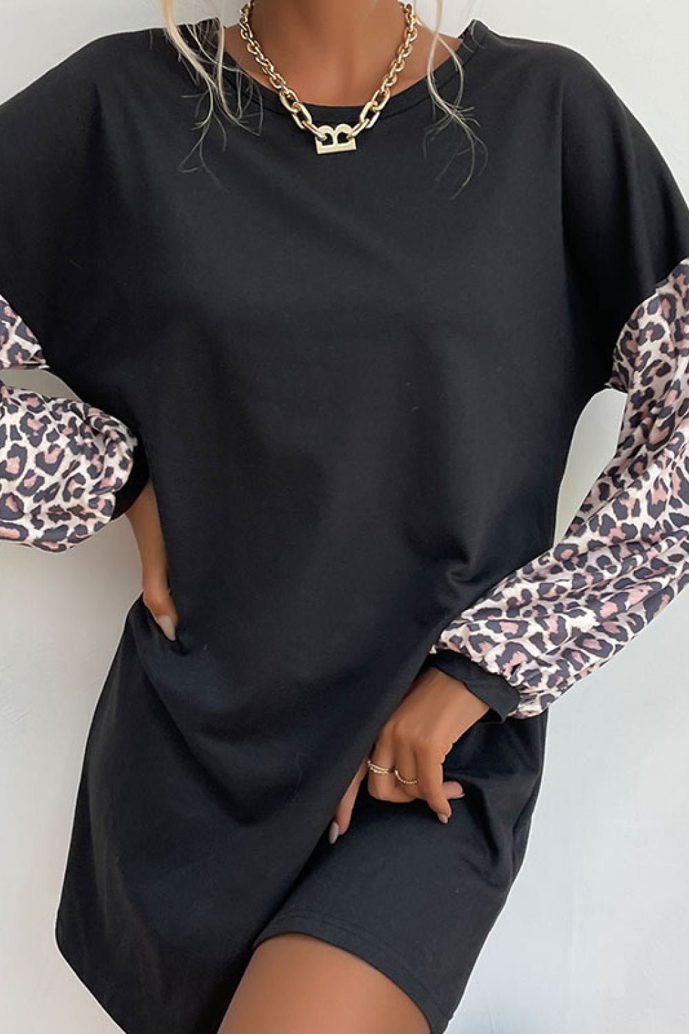 Beach Rose Co. - Black Leopard Print Mini Sweatshirt Dress