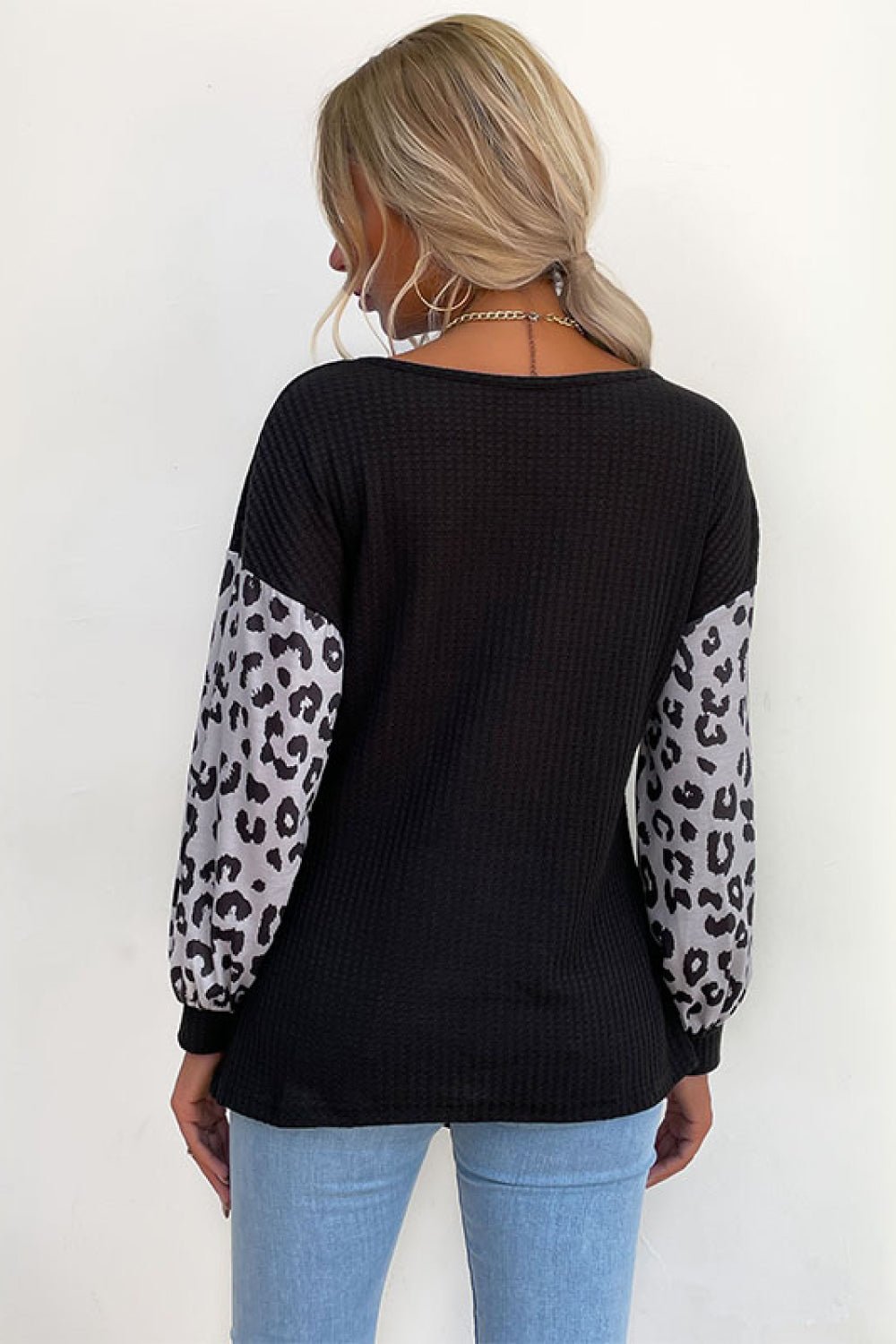 Beach Rose Co. - Black Leopard Print Sleeve Tie Front Top