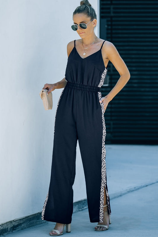 Beach Rose Co. - Black Leopard Spaghetti Strap Wide Leg Jumpsuit