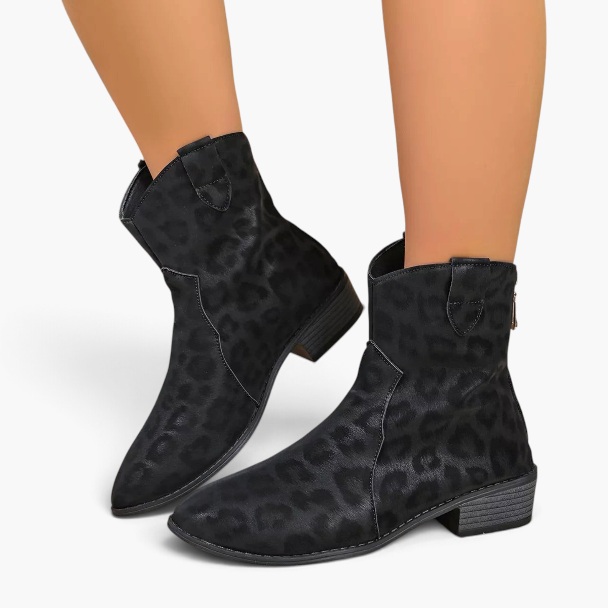 Beach Rose Co. black suede western ankle boots with a subtle leopard print, curved shaft, and low block heel.