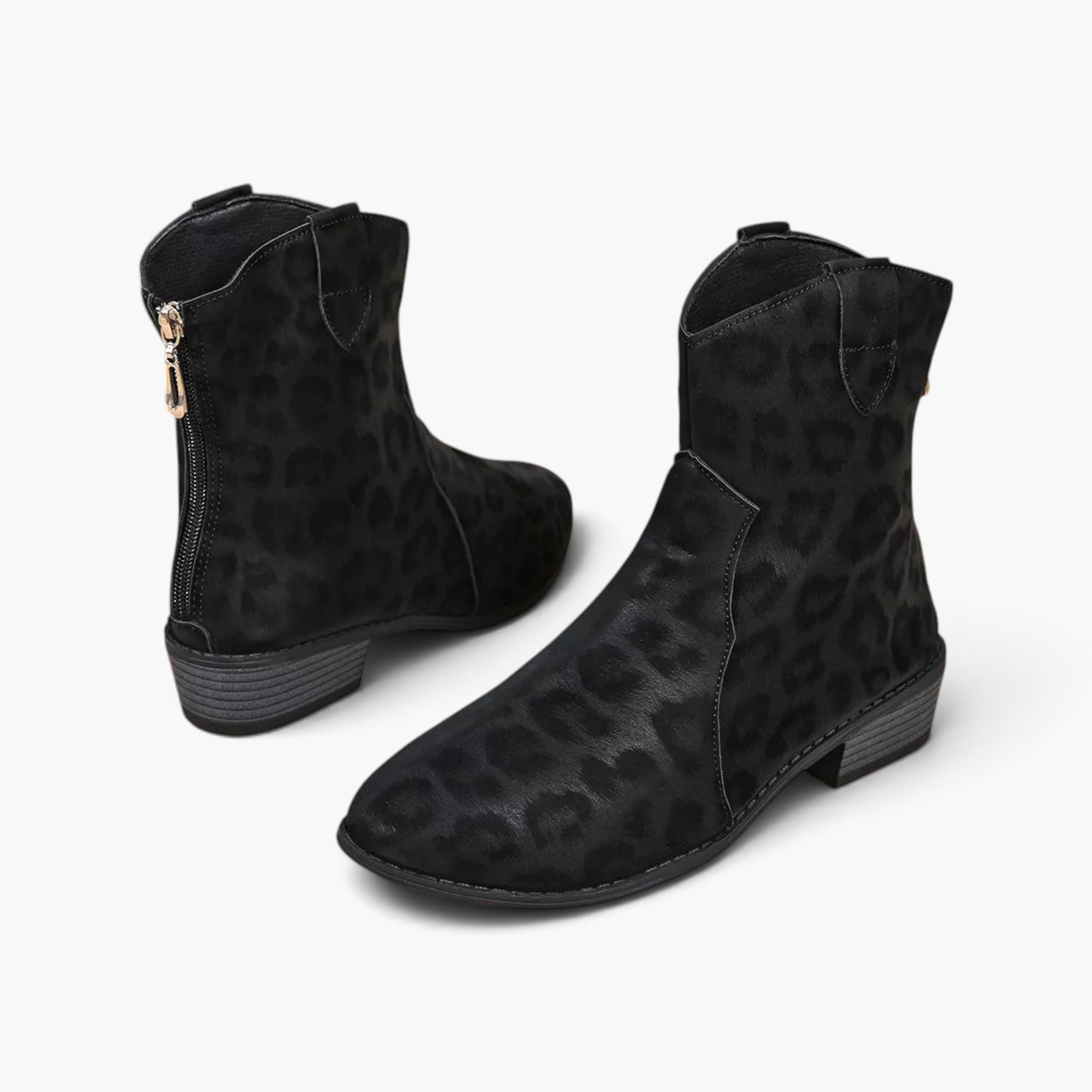 Beach Rose Co. black suede western ankle boots with a subtle leopard print, back zipper, and low block heel.