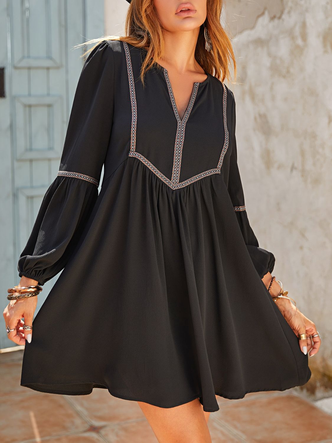 Beach Rose Co. - Black Long Sleeve Babydoll Mini Dress