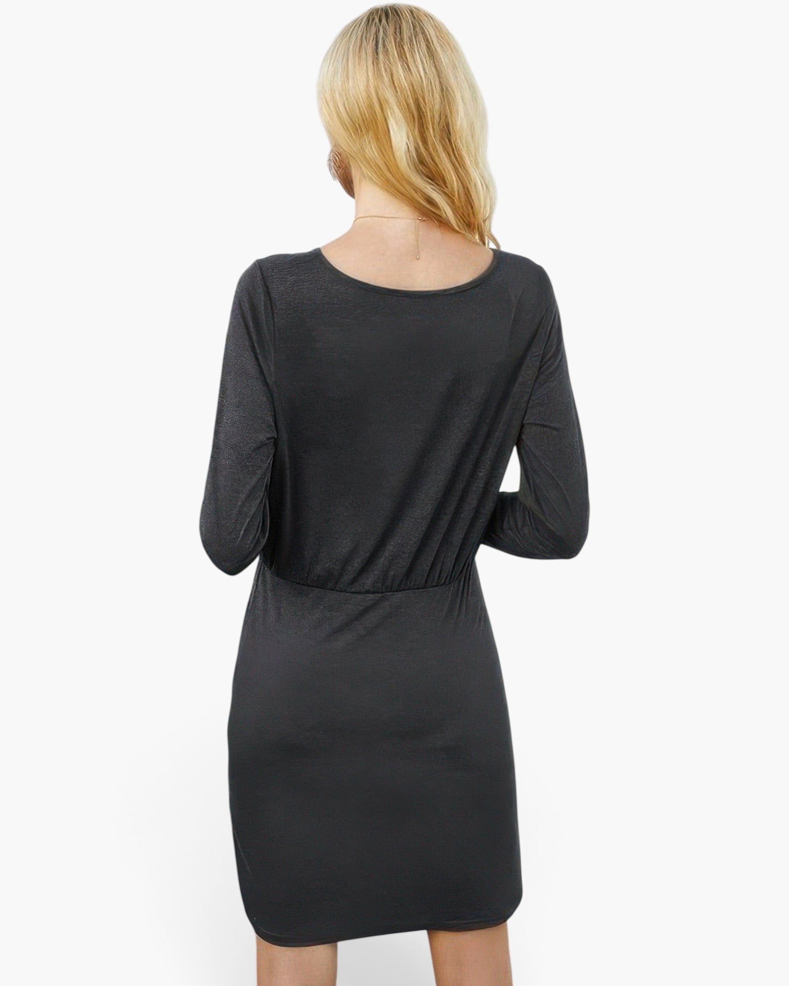 Back view of a Beach Rose Co. black crew neck long sleeve dress with a high waist drawstring detail on a blonde model