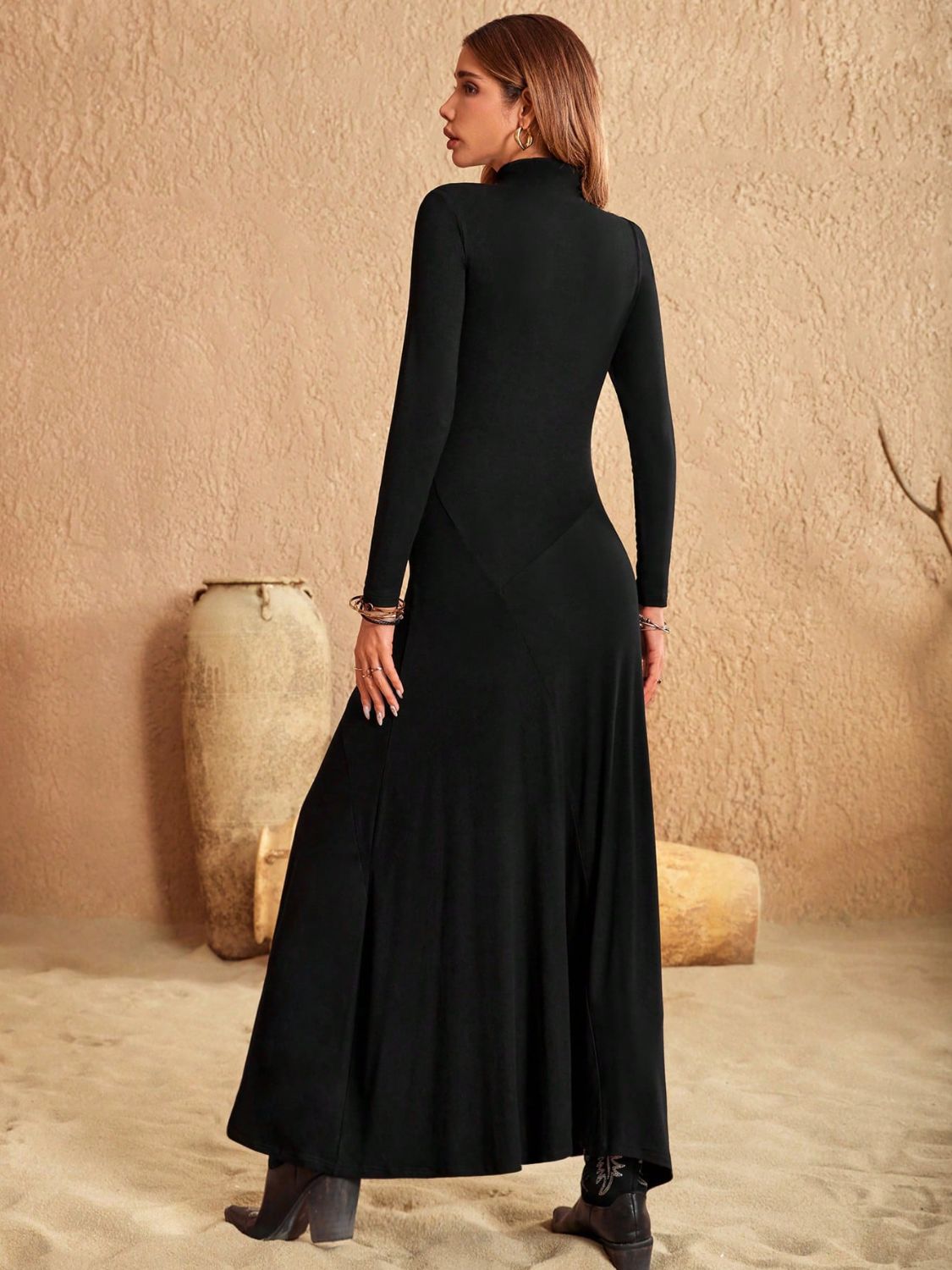 Beach Rose Co. - Black Long Sleeve Turtleneck Maxi Dress