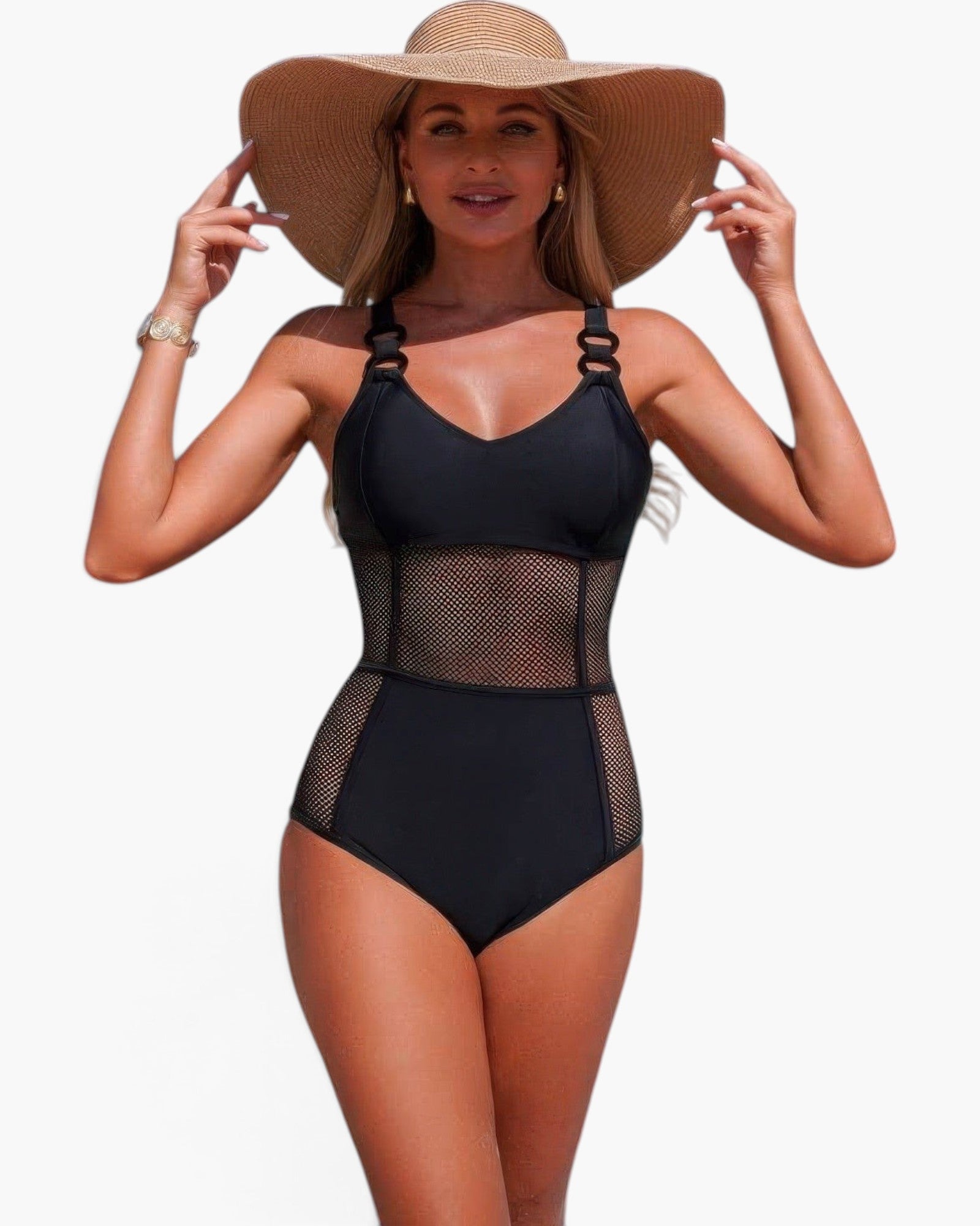 Beach Rose Co. black one-piece swimsuit with mesh panels, ring-accented straps, and a wide-brimmed straw sun hat.