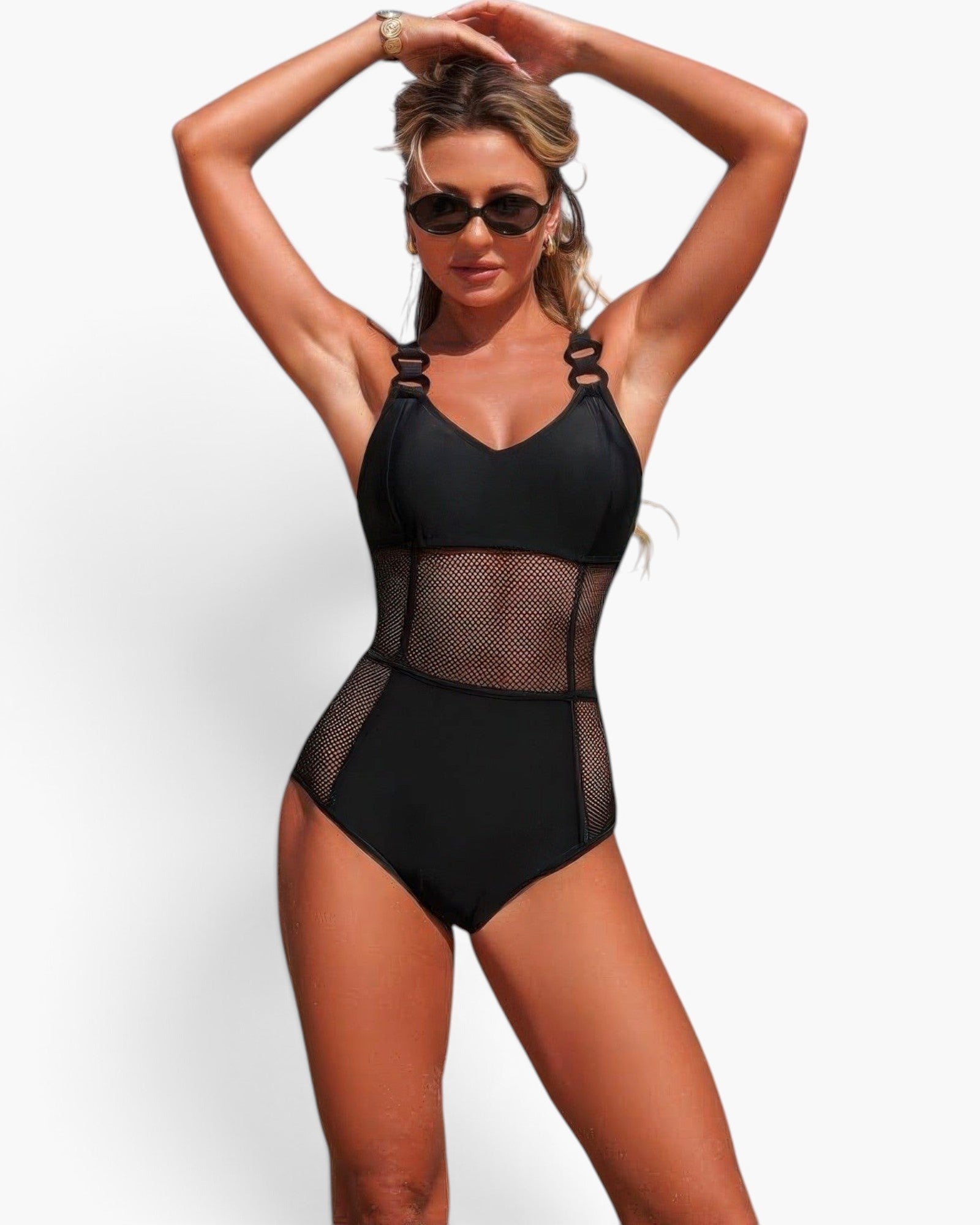 Beach Rose Co. black one-piece swimsuit featuring sheer mesh waist panels, ring-accented straps, and tummy control.