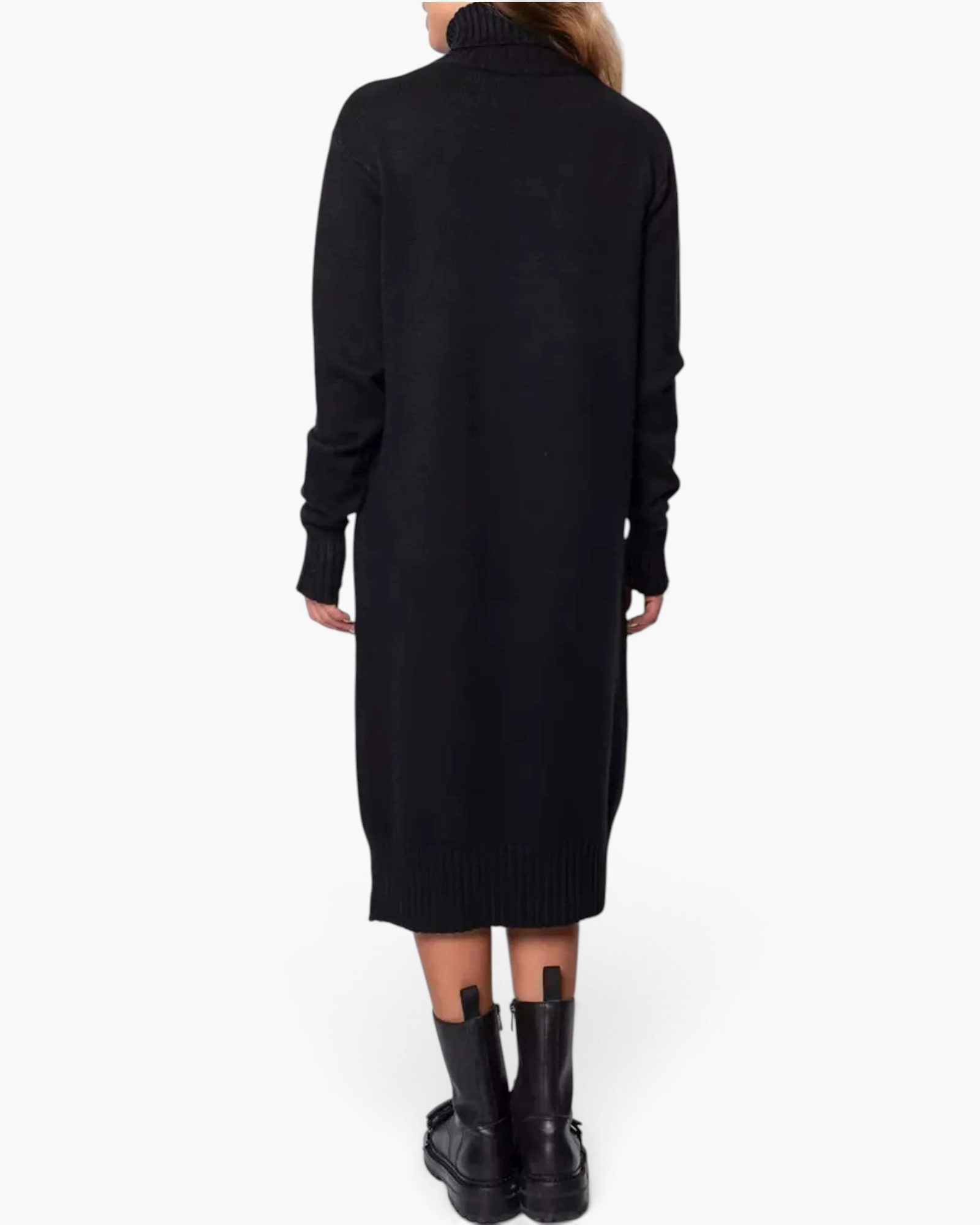Beach Rose Co. black midi sweater dress with a ribbed turtleneck and long sleeves, shown from the back.