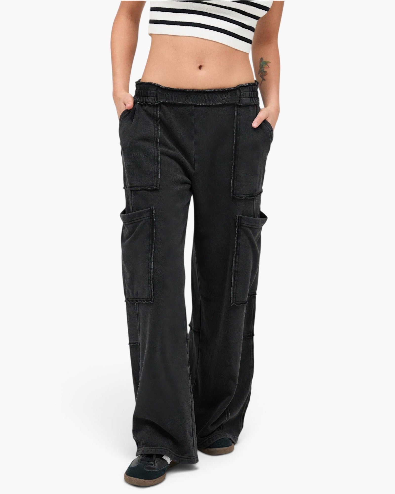 Beach Rose Co. black mineral wash cotton wide leg cargo pants with raw edge patch pockets and elastic high-rise waist