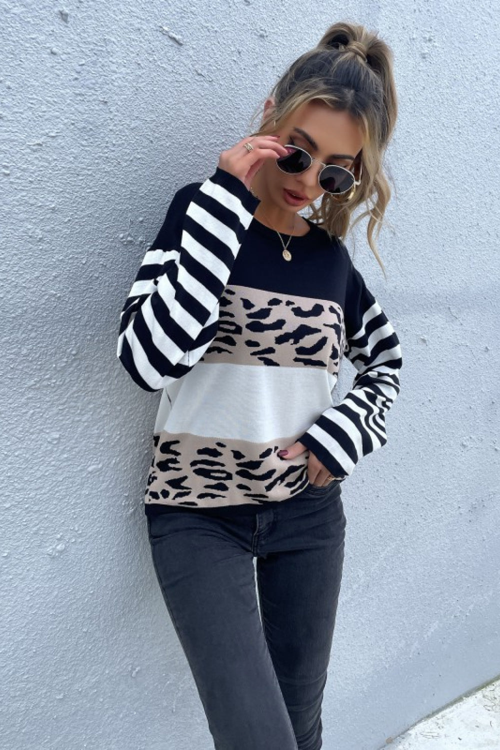 Beach Rose Co. - Black Mixed Print Color Block Knit Pullover