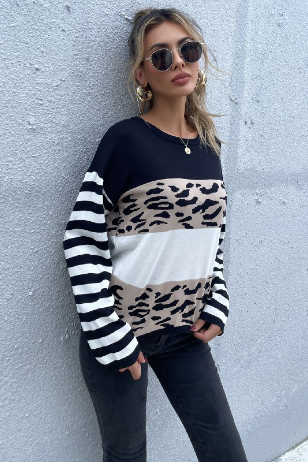 Beach Rose Co. - Black Mixed Print Color Block Knit Pullover