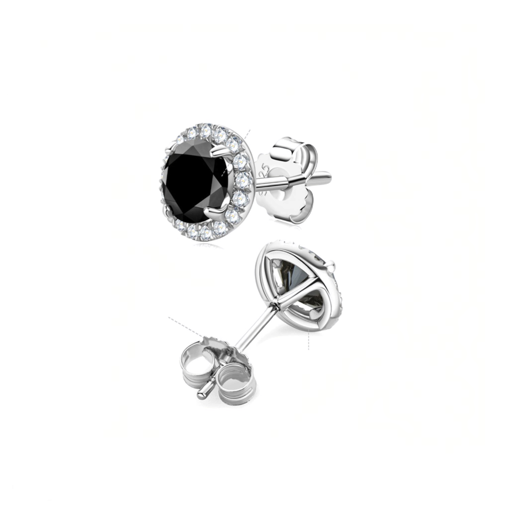 Beach Rose Co. black moissanite halo stud earrings in platinum-plated sterling silver with clear zircon accents.