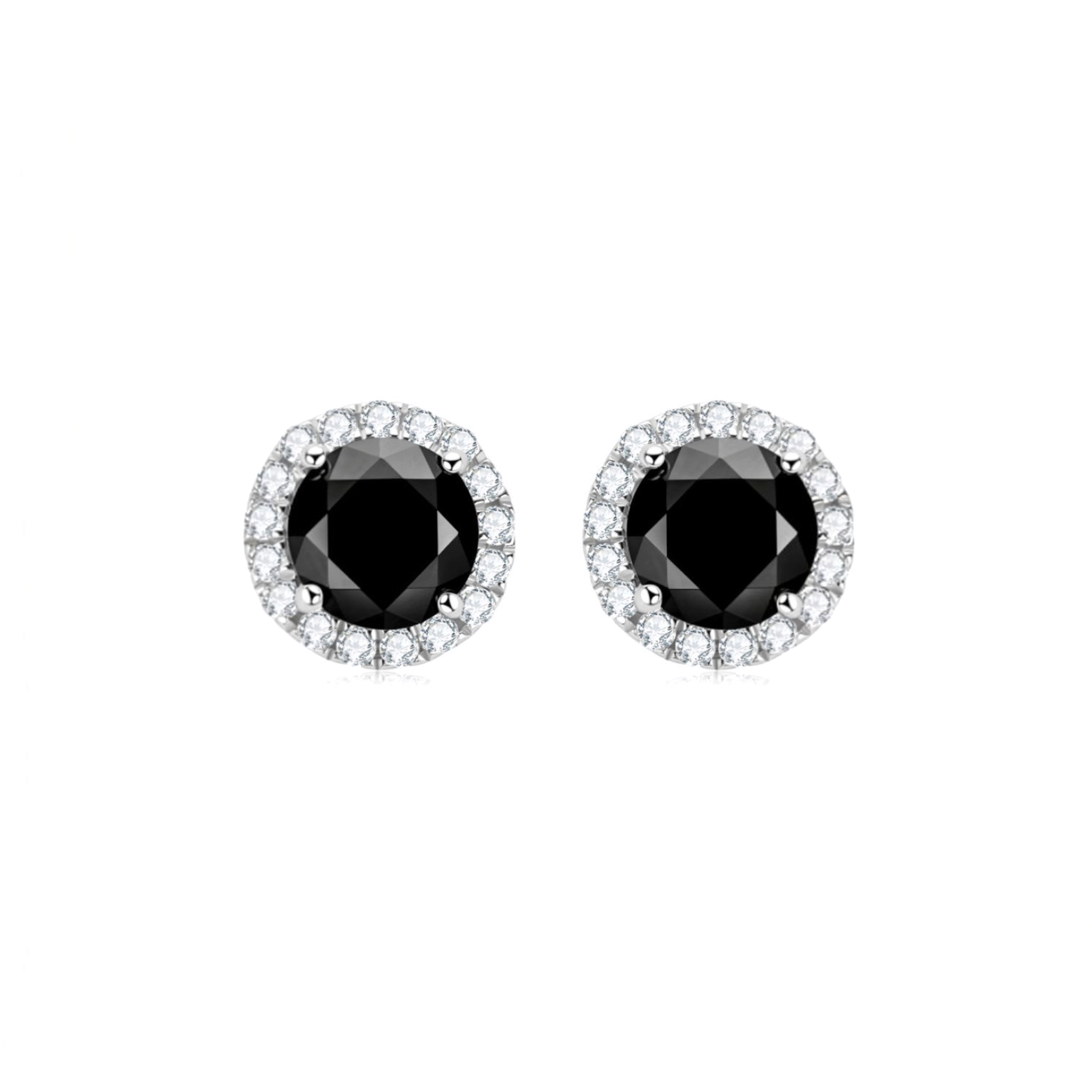 Beach Rose Co. black moissanite stud earrings with a clear zircon halo set in platinum-plated sterling silver.