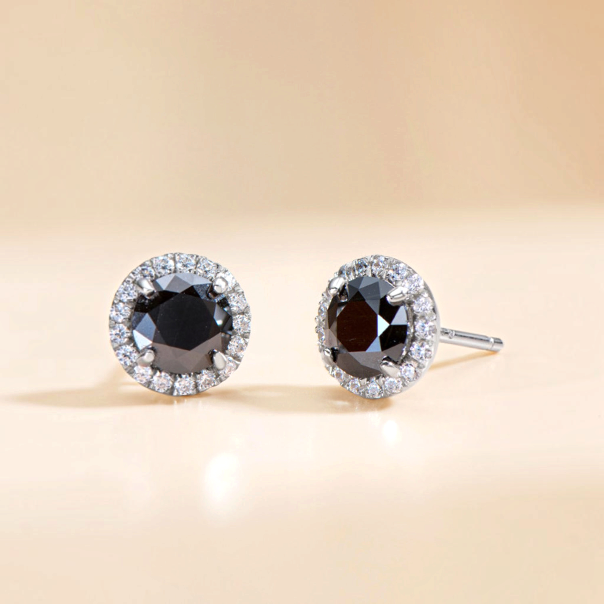 Beach Rose Co. black moissanite stud earrings with a clear zircon halo set in platinum-plated sterling silver.
