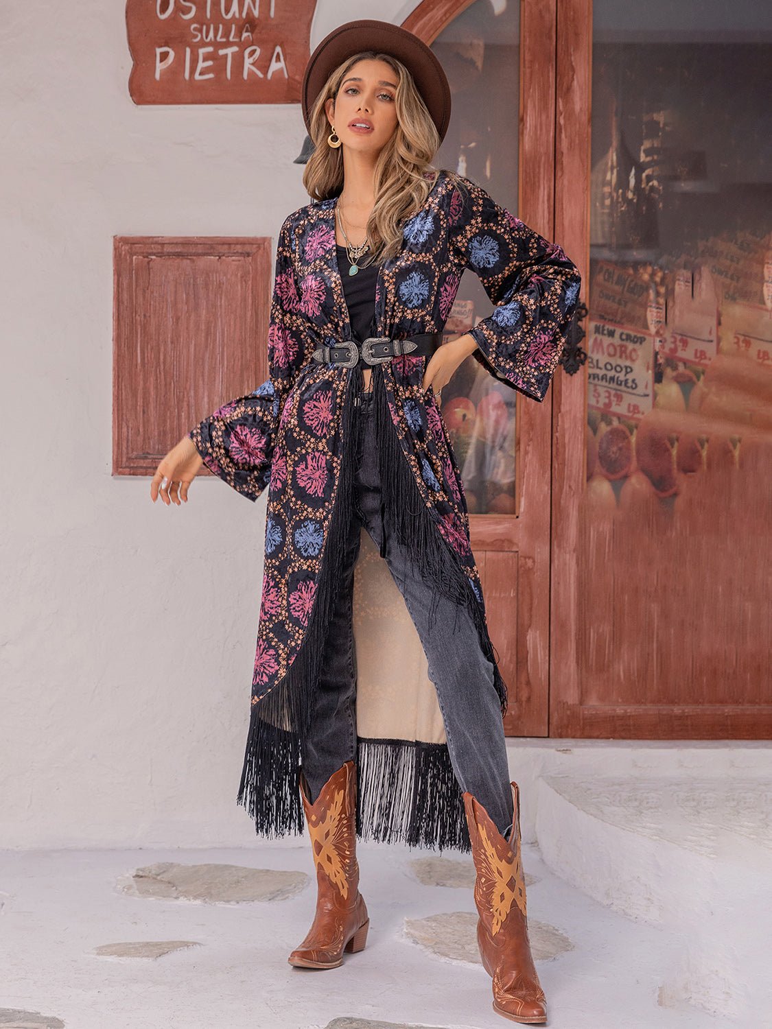 Beach Rose Co. - Black Multicolor Print Fringe Duster Cardigan