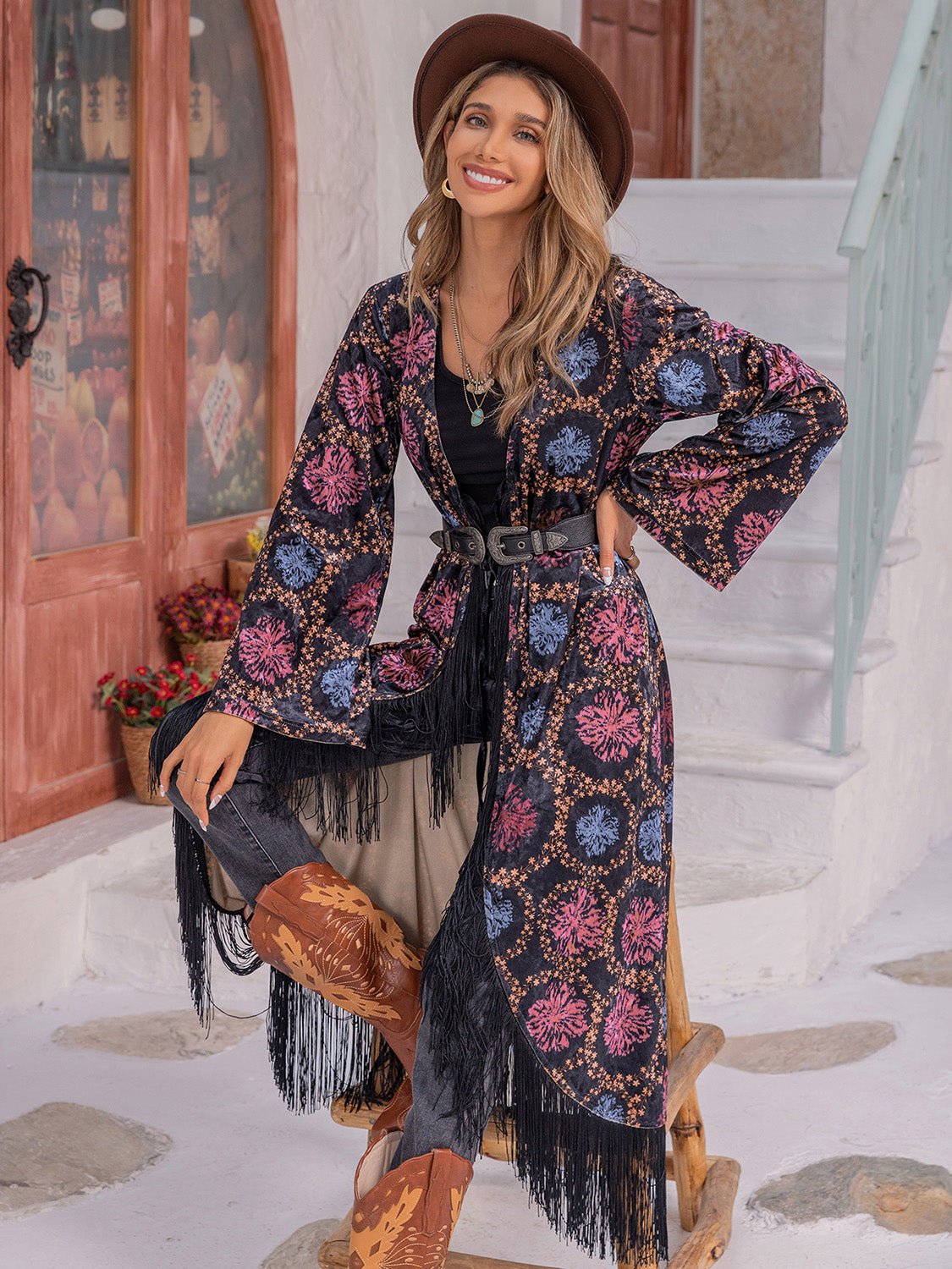 Beach Rose Co. - Black Multicolor Print Fringe Duster Cardigan