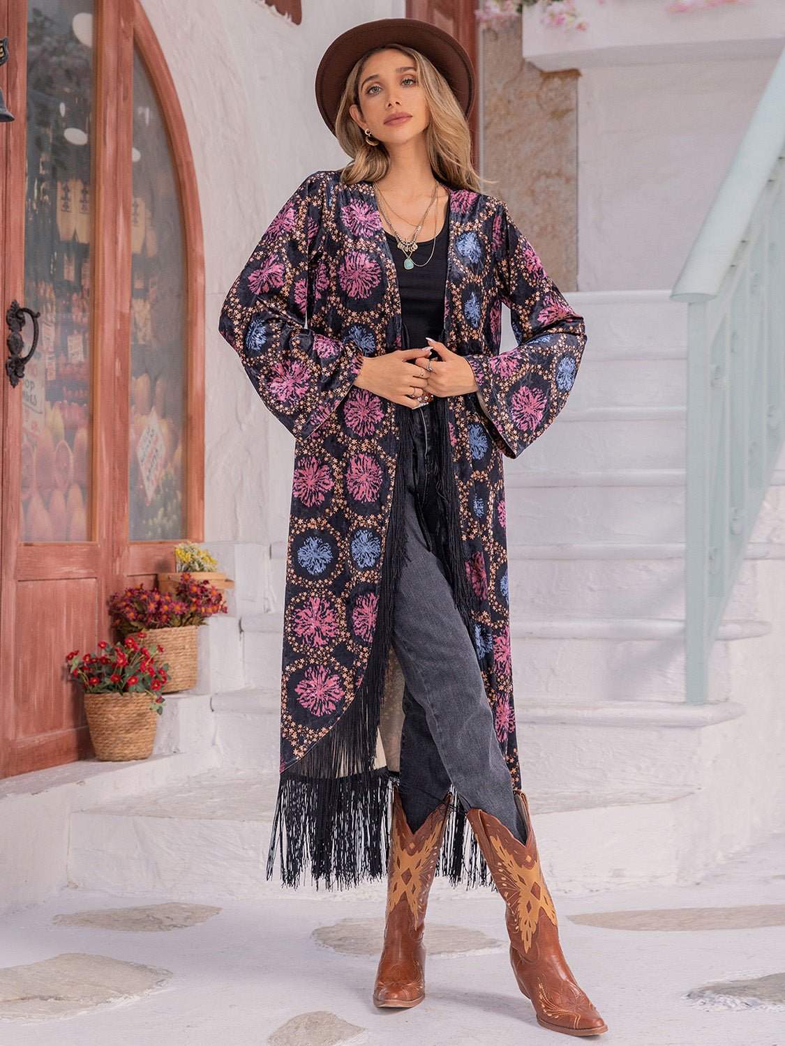 Beach Rose Co. - Black Multicolor Print Fringe Duster Cardigan