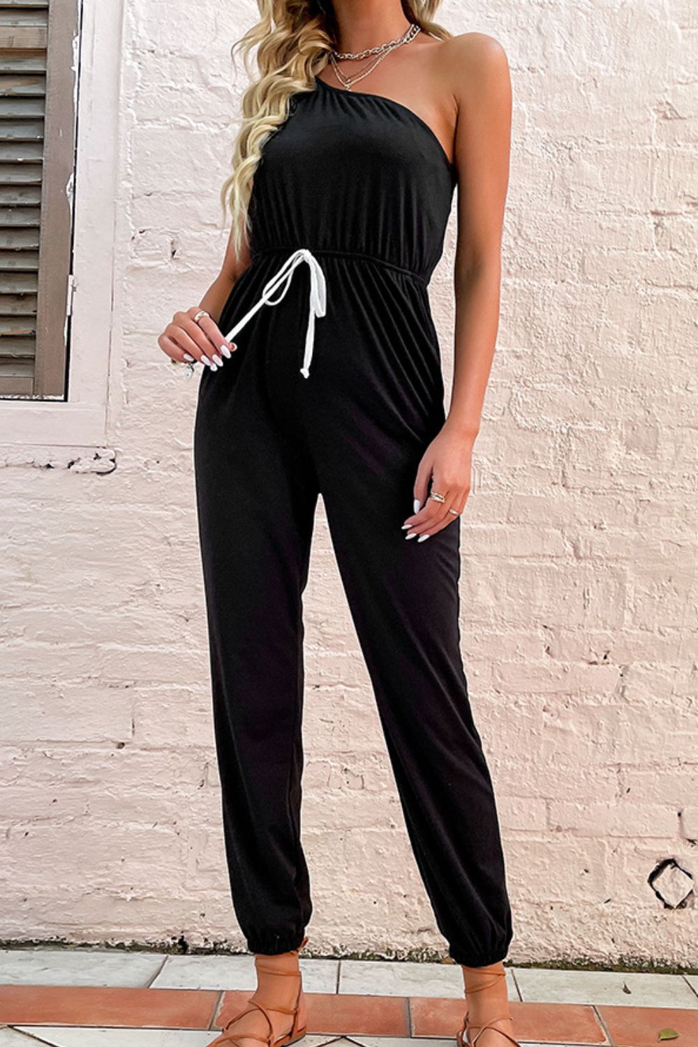 Beach Rose Co. - Black One - Shoulder Drawstring Waist Jogger Jumpsuit