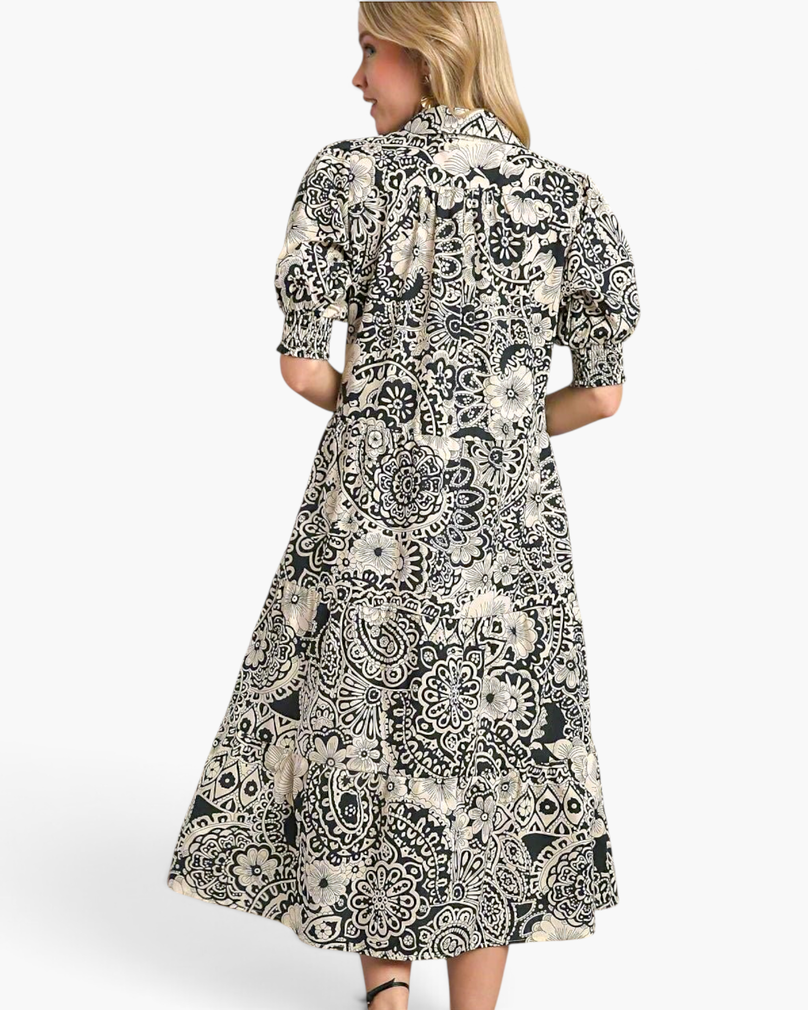 Beach Rose Co. black and ivory cotton midi dress with paisley print, collared neckline, and puff sleeves, back view.