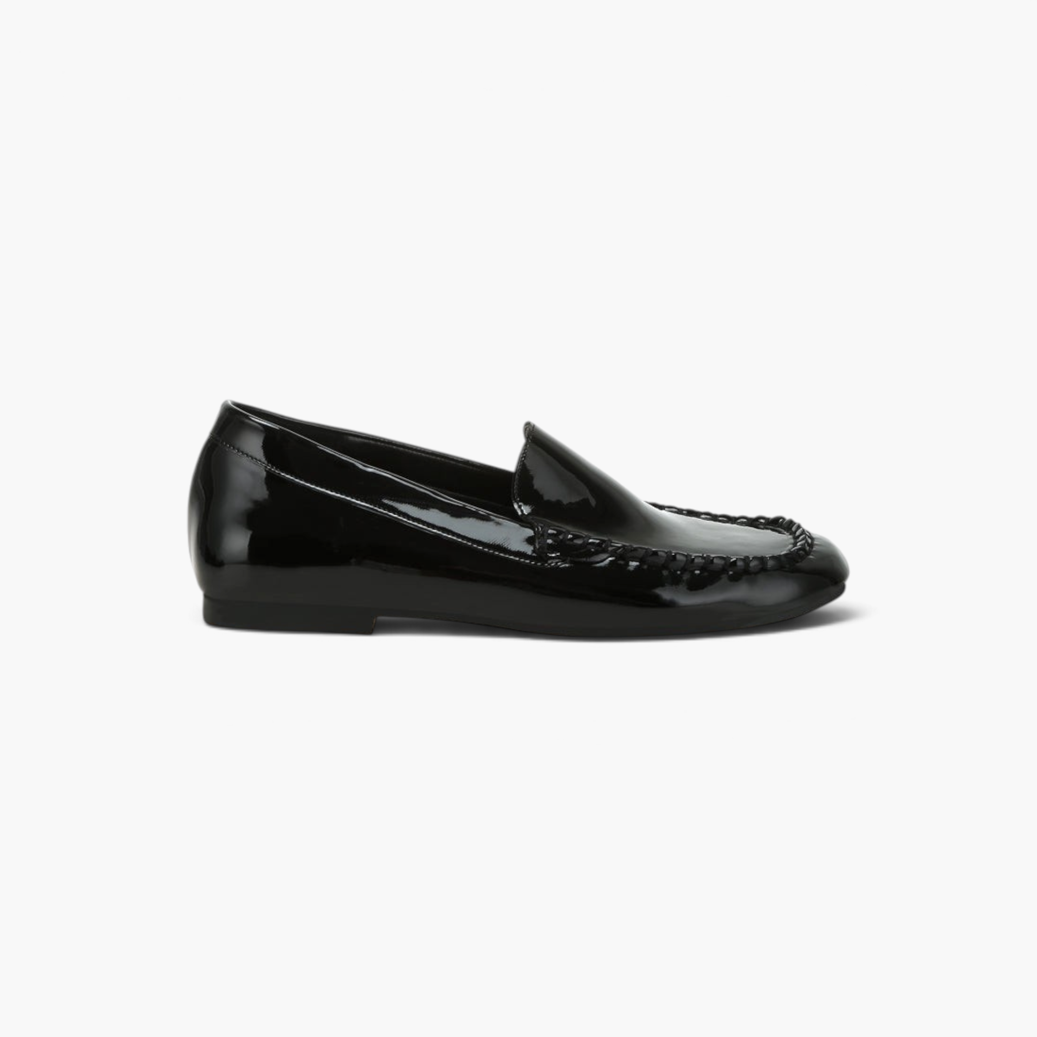 Beach Rose Co. black patent pleather loafers with a glossy finish, round toe, and mock stitch detail.