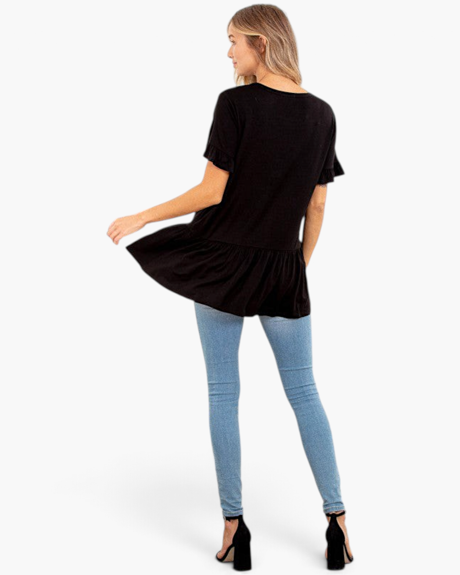 Beach Rose Co. black peplum top with ruffle sleeves and gathered hem worn by a model from the back view