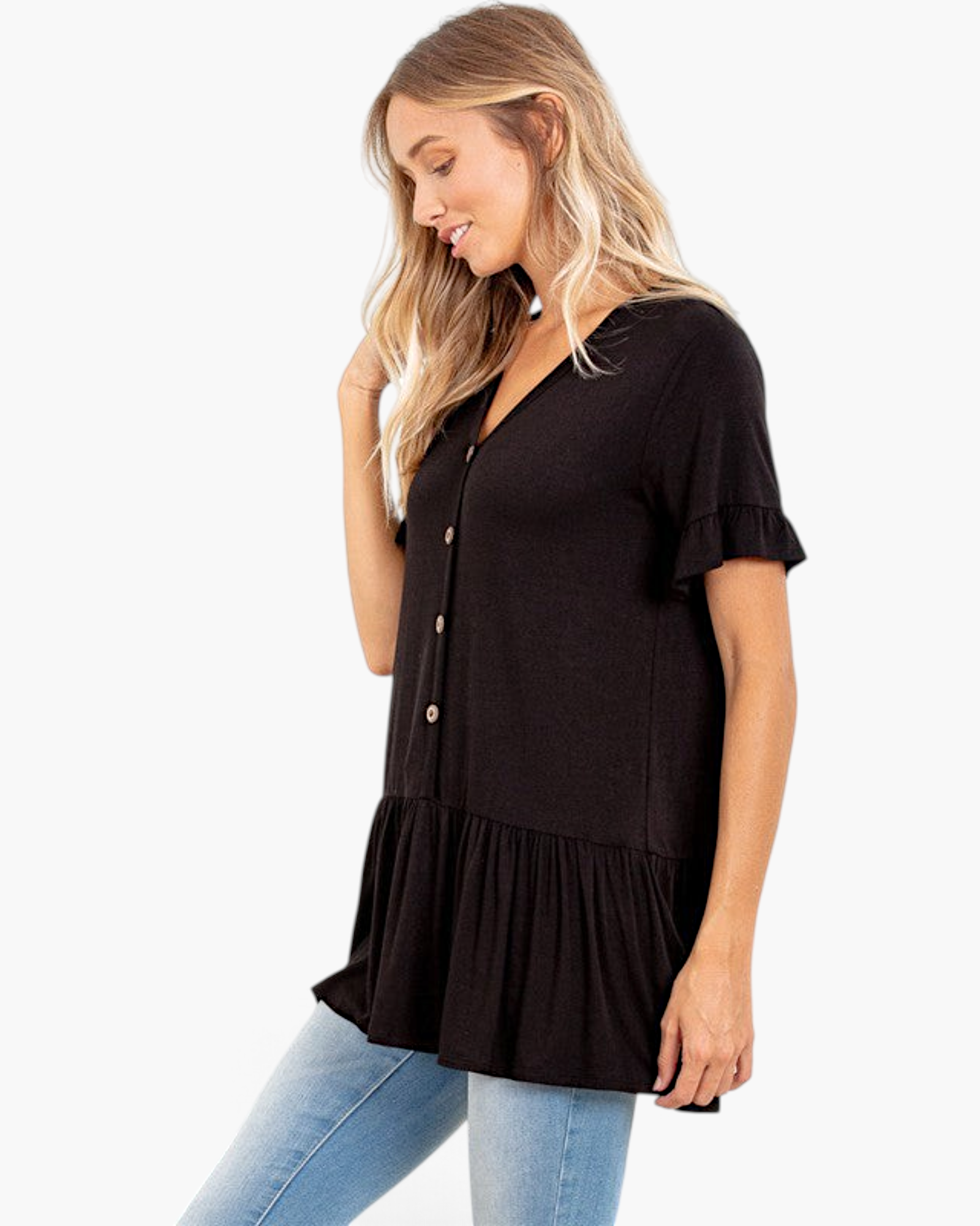 Beach Rose Co. black peplum top with V-neck, button front, and ruffle sleeves worn by a blonde model