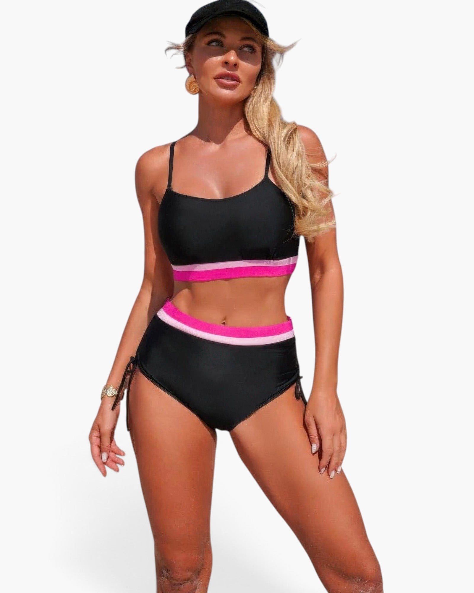 Beach Rose Co. two-piece bikini in black with pink and white contrast bands, featuring adjustable tie-up sides.