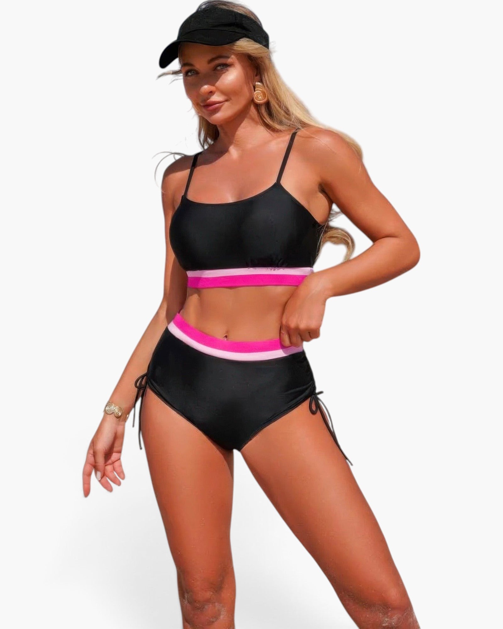 Beach Rose Co. two-piece black bikini with pink contrast trim, adjustable tie-up sides, and a matching black visor.