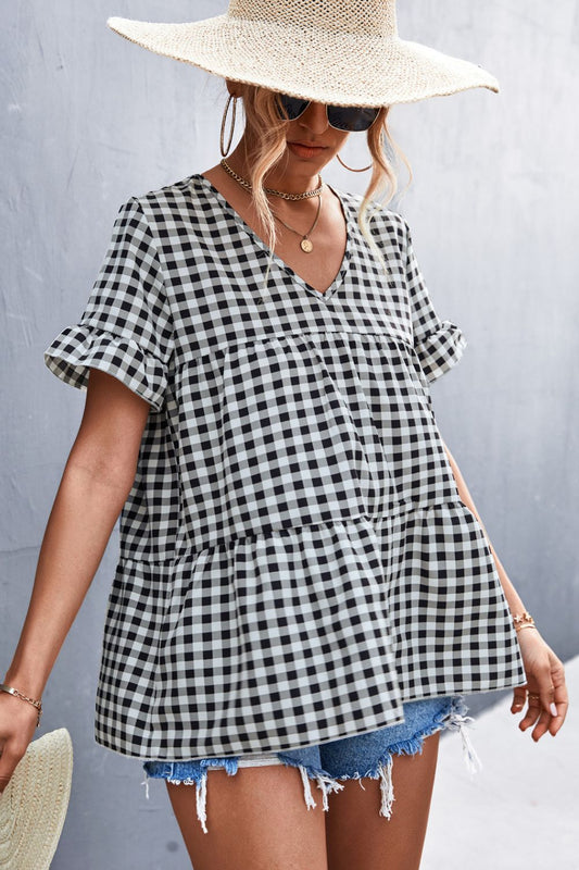 Beach Rose Co. - Black Plaid V - Neck Short Sleeve Babydoll Blouse