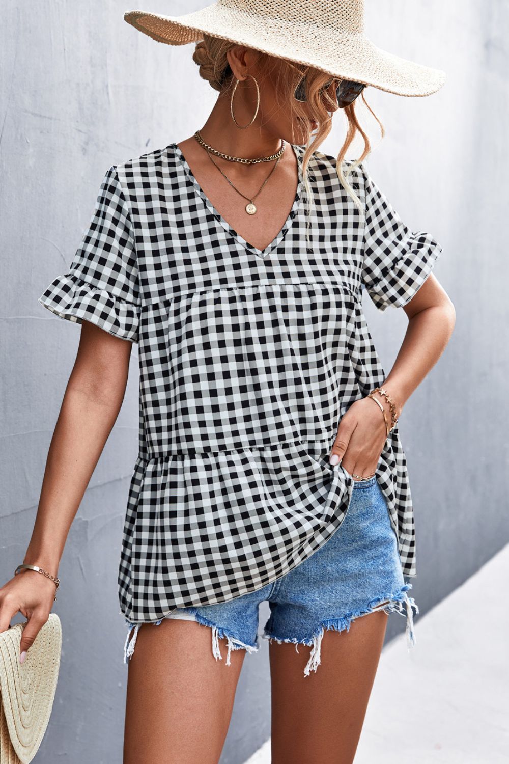 Beach Rose Co. - Black Plaid V - Neck Short Sleeve Babydoll Blouse