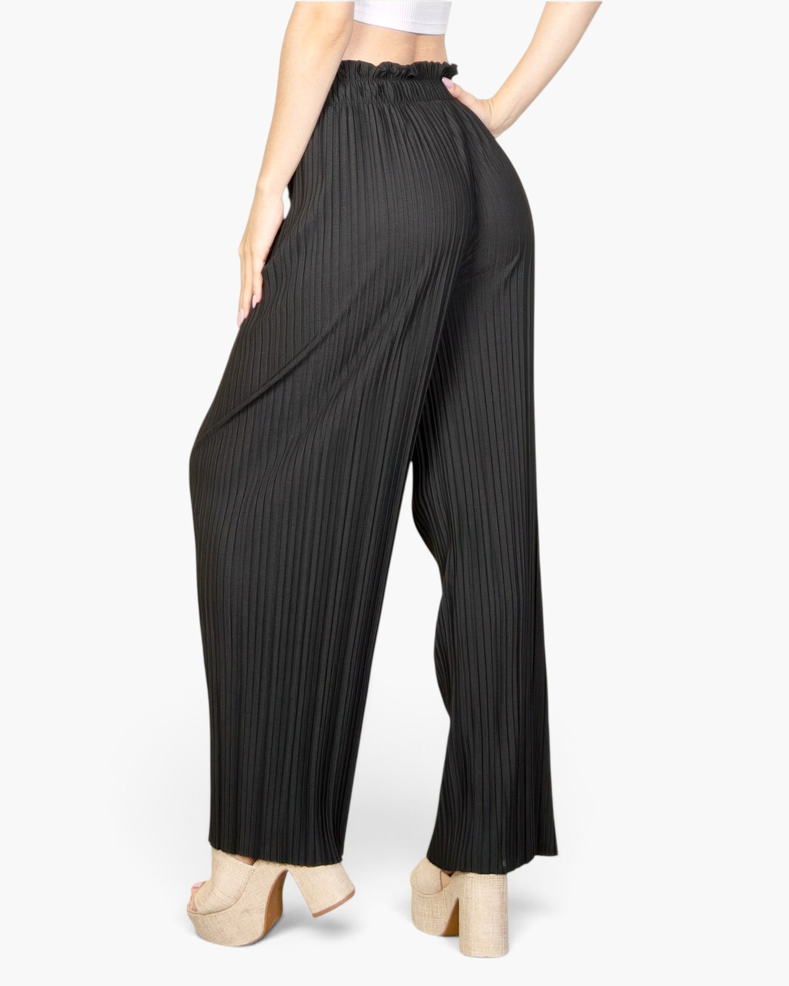 Beach Rose Co. black pleated stretch crepe wide leg pants with a high-waisted pull-on design and tie front detail.