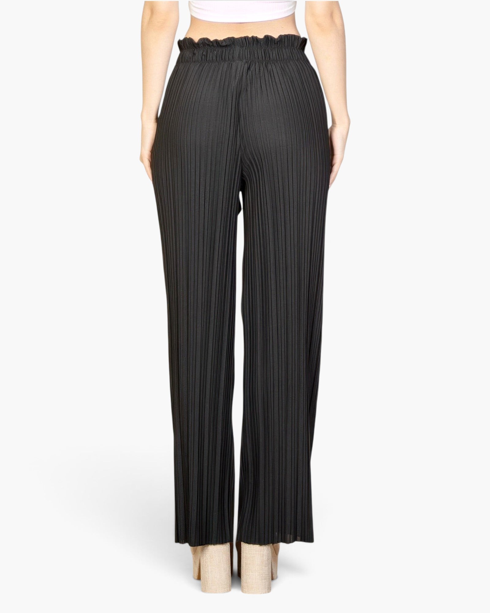 Beach Rose Co. black pleated stretch crepe wide-leg pull-on pants with elastic waist, back view on a model.