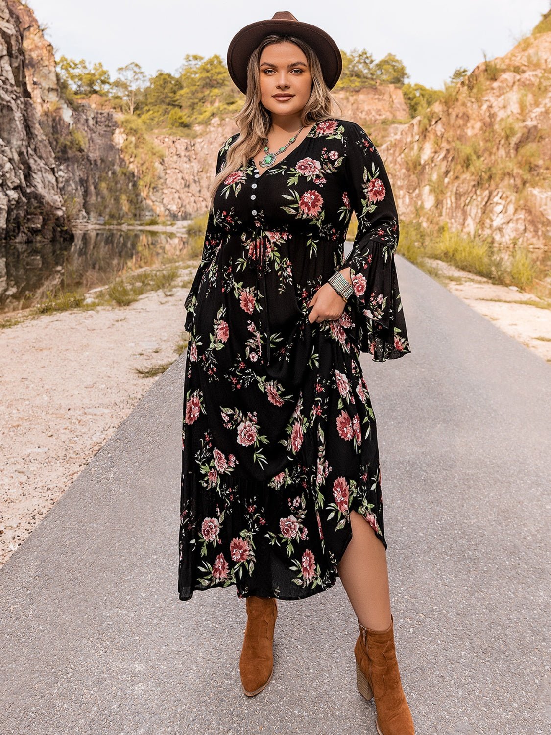 Beach Rose Co. - Black Plus Size Floral Flare Sleeve Maxi Dress