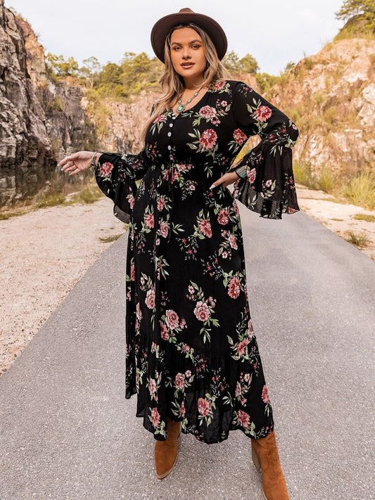 Beach Rose Co. - Black Plus Size Floral Flare Sleeve Maxi Dress