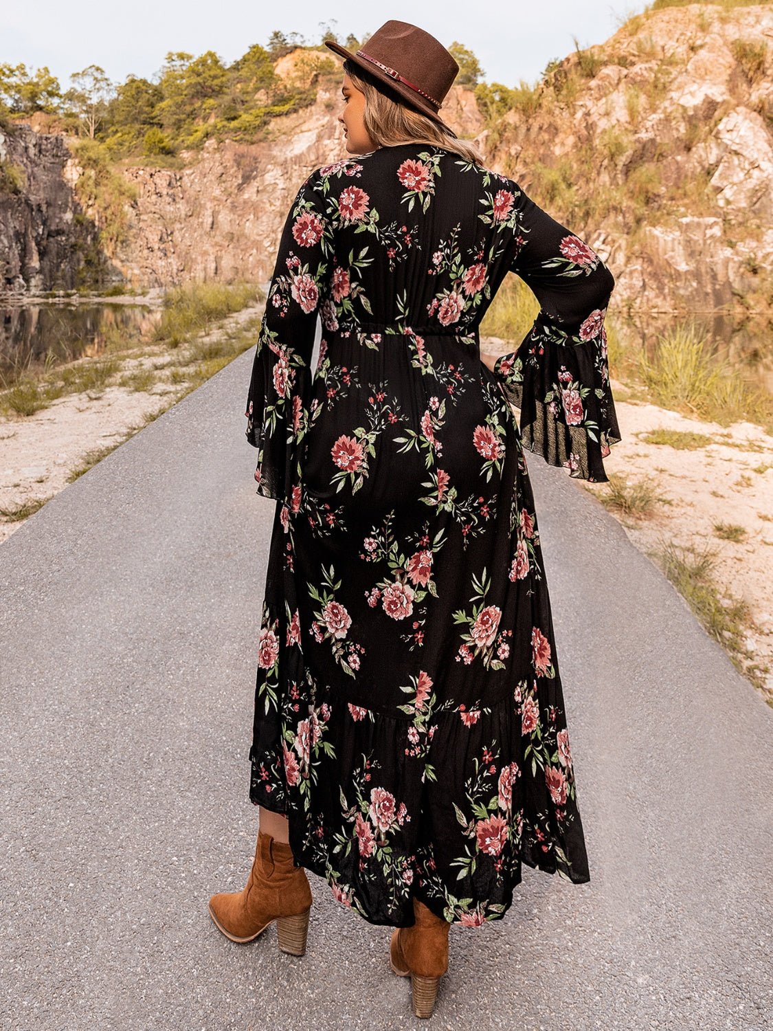 Beach Rose Co. - Black Plus Size Floral Flare Sleeve Maxi Dress