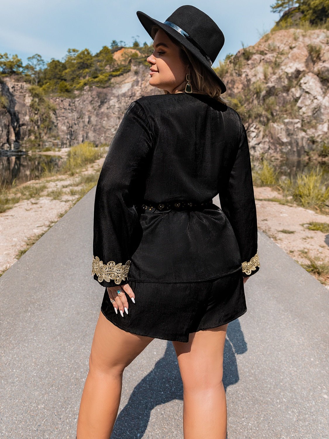 Beach Rose Co. - Black Plus Size Long Sleeve Cardigan and Shorts Set