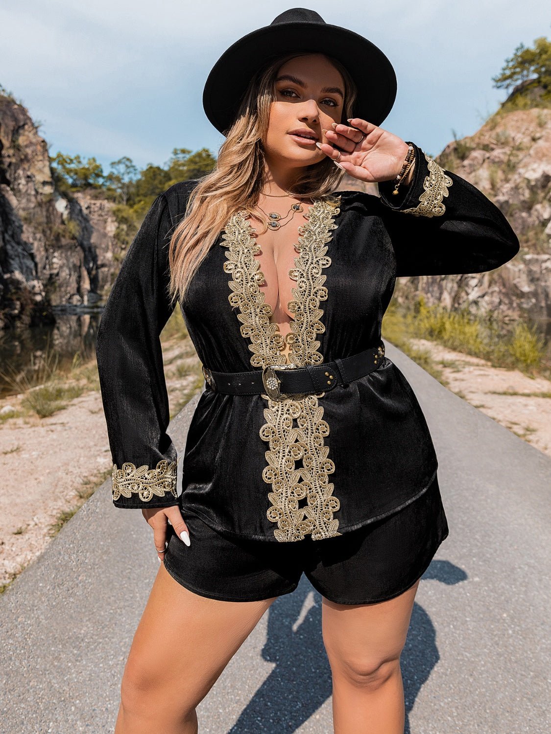 Beach Rose Co. - Black Plus Size Long Sleeve Cardigan and Shorts Set